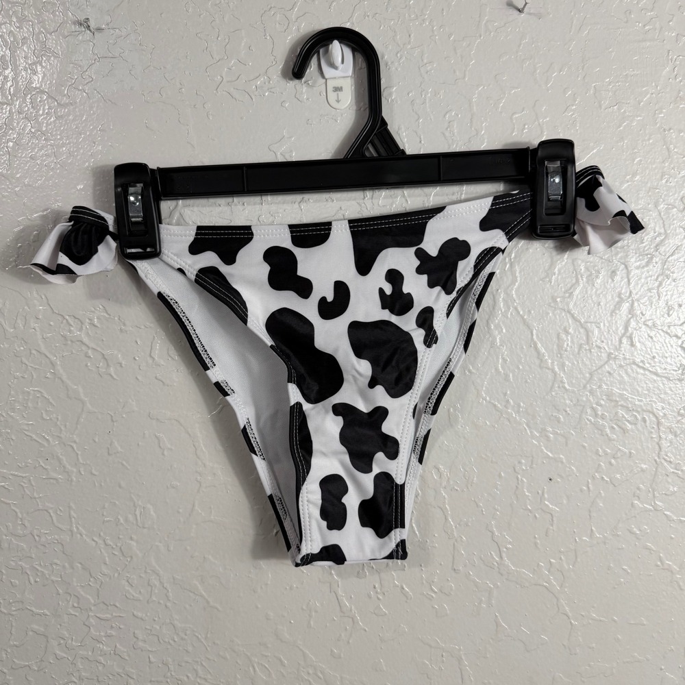 Romwe Cow Print Ruffle Trim Bikini Bottoms Black White Medium Cheeky High Cut
